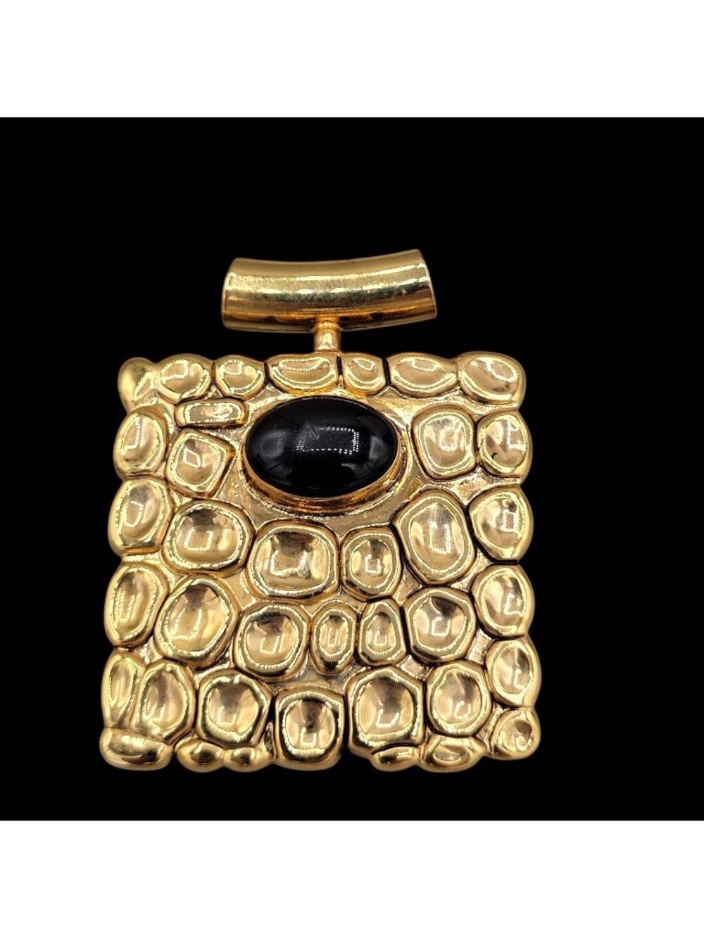 Square Shaped Pendant Textured Nuggets Black Bead Center Signed Best Vtg 1990s